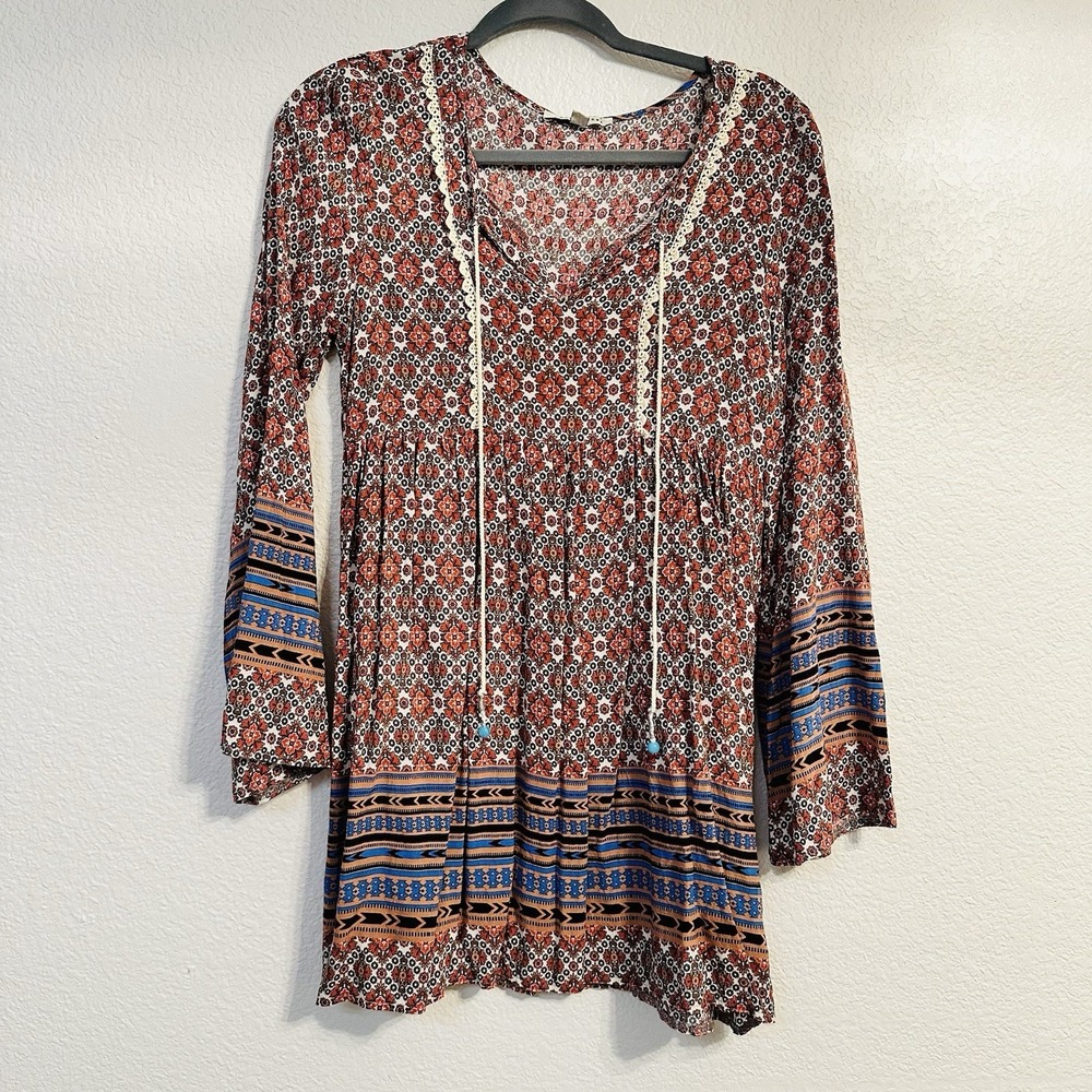 Haute Monde Blouse Women's Medium Colorful V-Neck Lace 3/4 Sleeve Boho Top